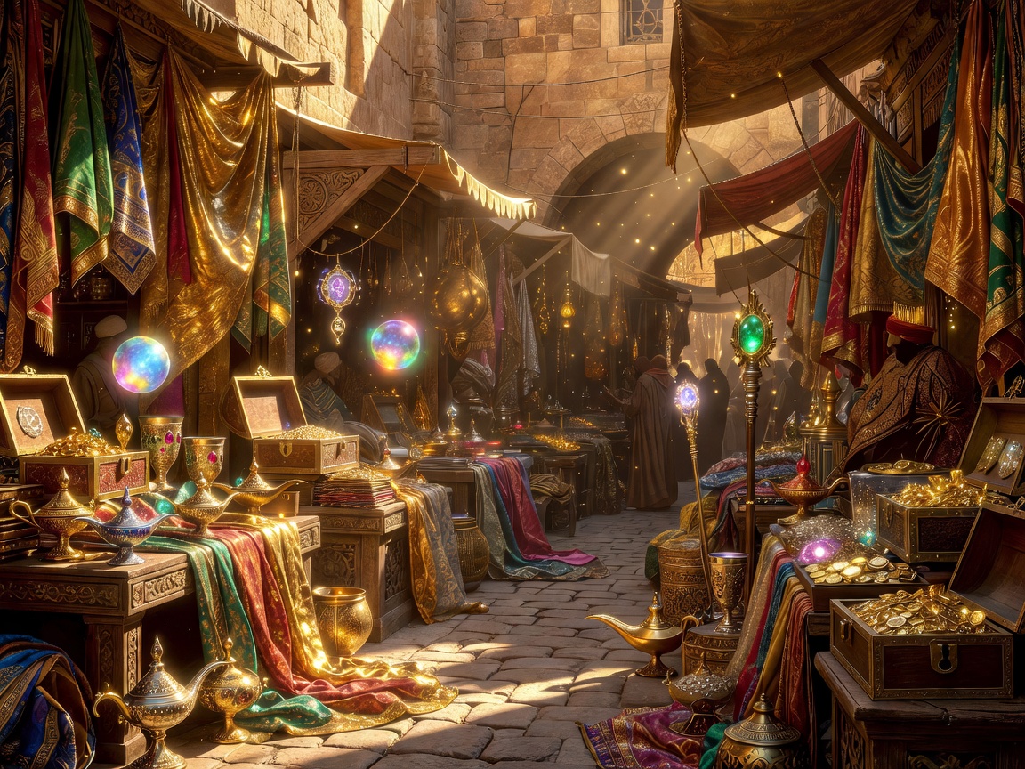 Vibrant golden bazaar filled with ancient treasures, silks, and magical artifacts