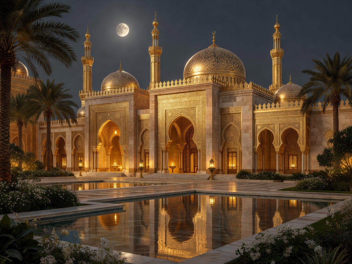 Magnificent Arabian palace glowing under a moonlit sky with golden architecture