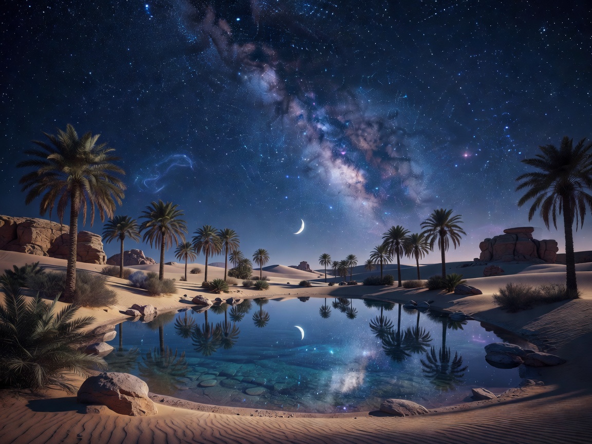 Mystical desert oasis reflecting the starry night sky