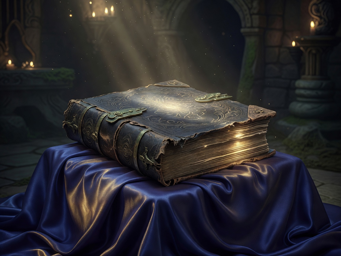 Ancient glowing magical tome resting on a silk pedestal