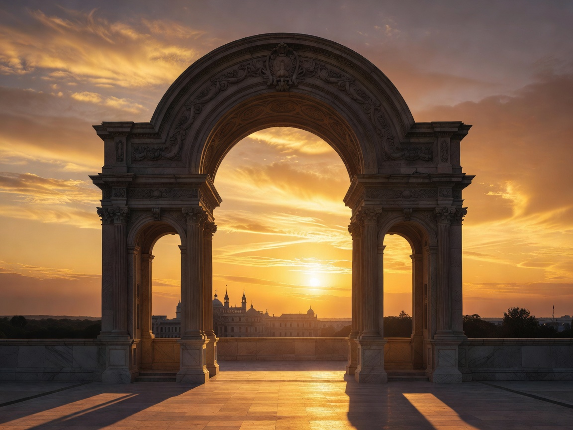 Elegant palace archway silhouetted against a golden sunset