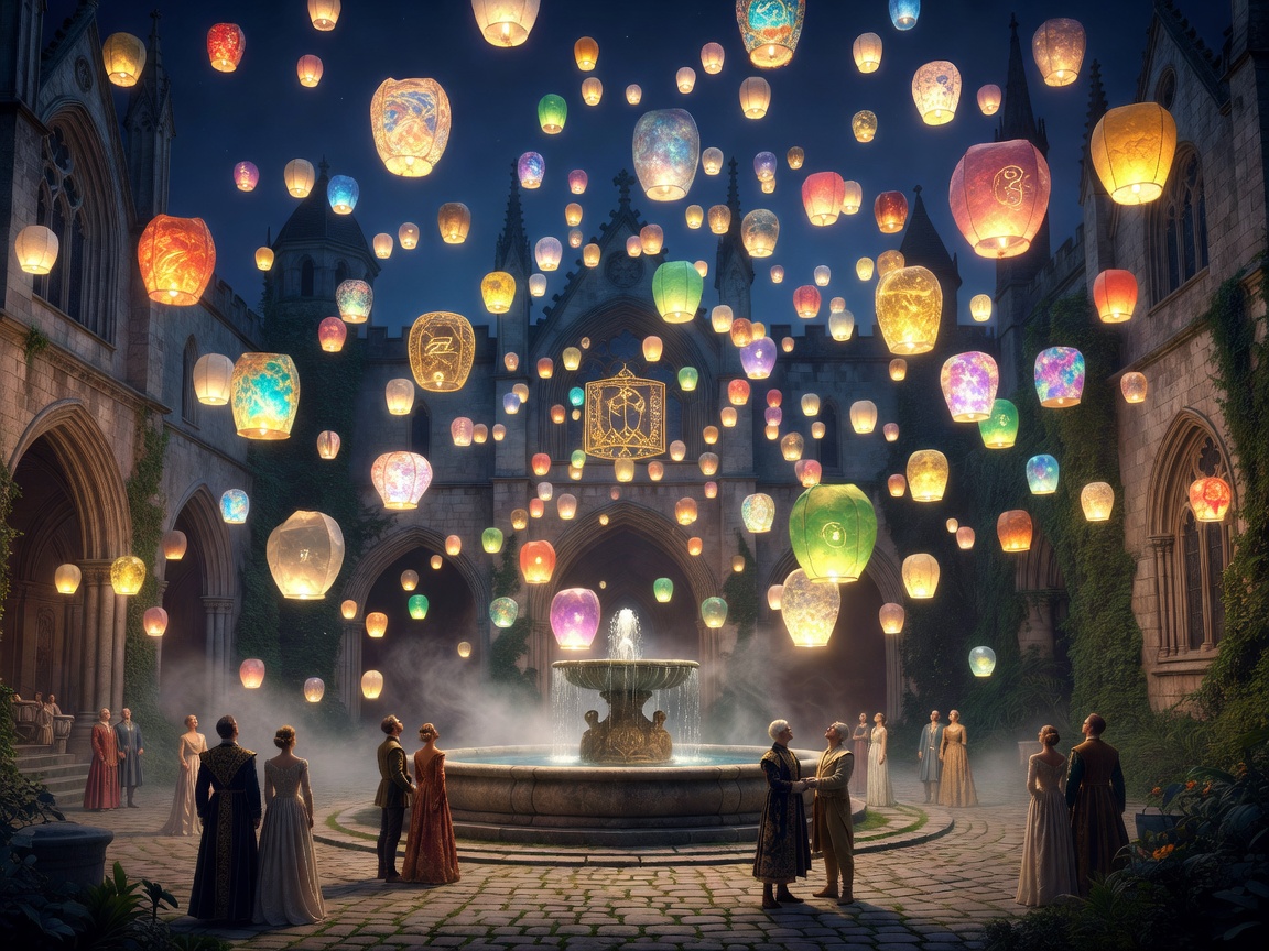 Royal courtyard illuminated by hundreds of floating magical lanterns