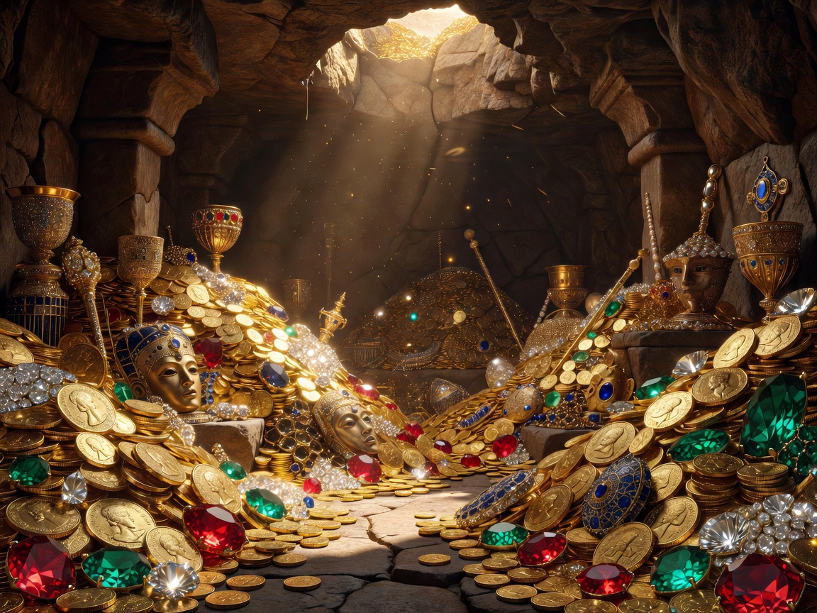 Hidden treasure chamber overflowing with ancient gold and jewels